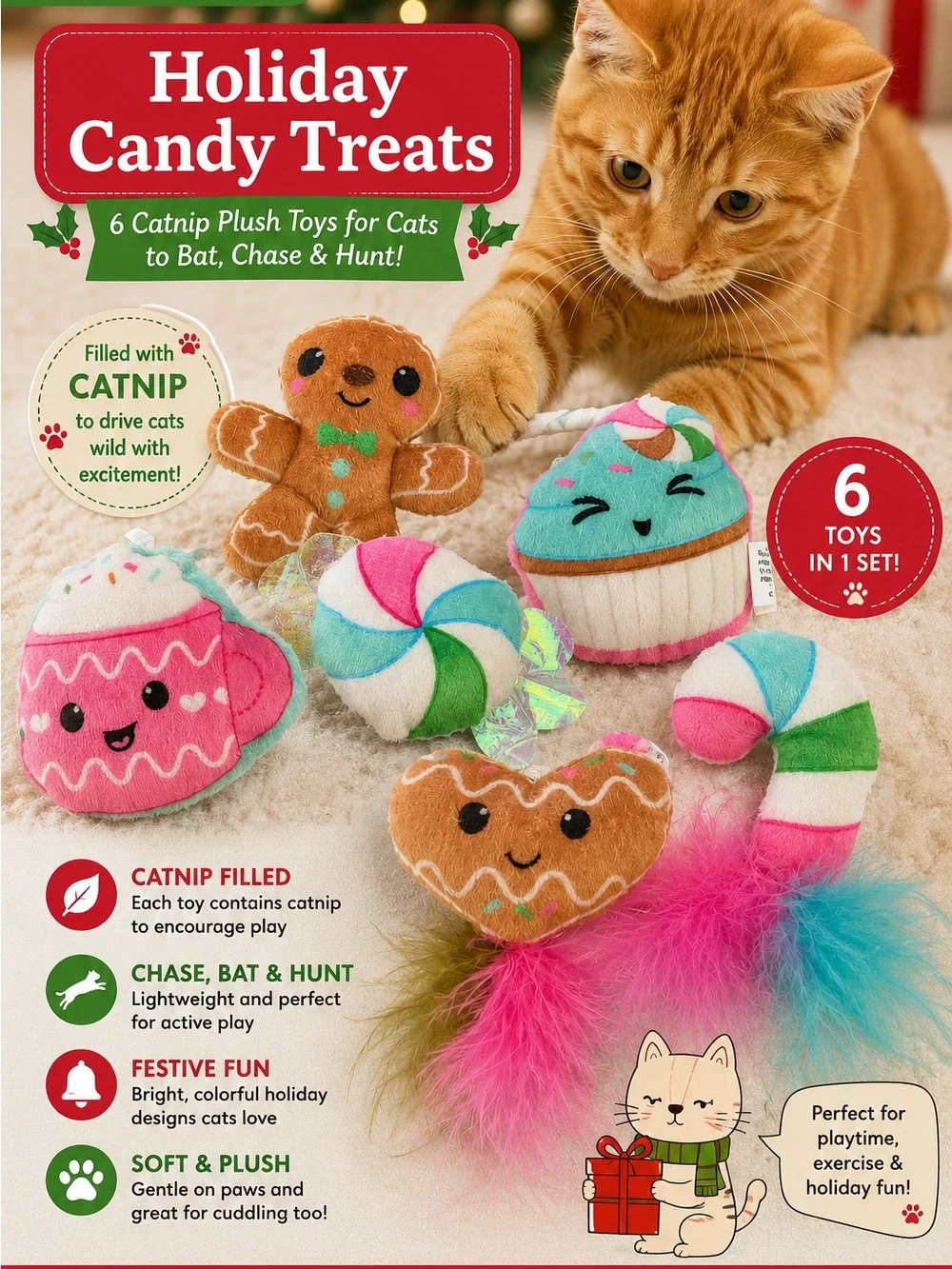 Holiday Candy Treats Catnip Plush Toy Set - Multicolor Pink Gingerbread